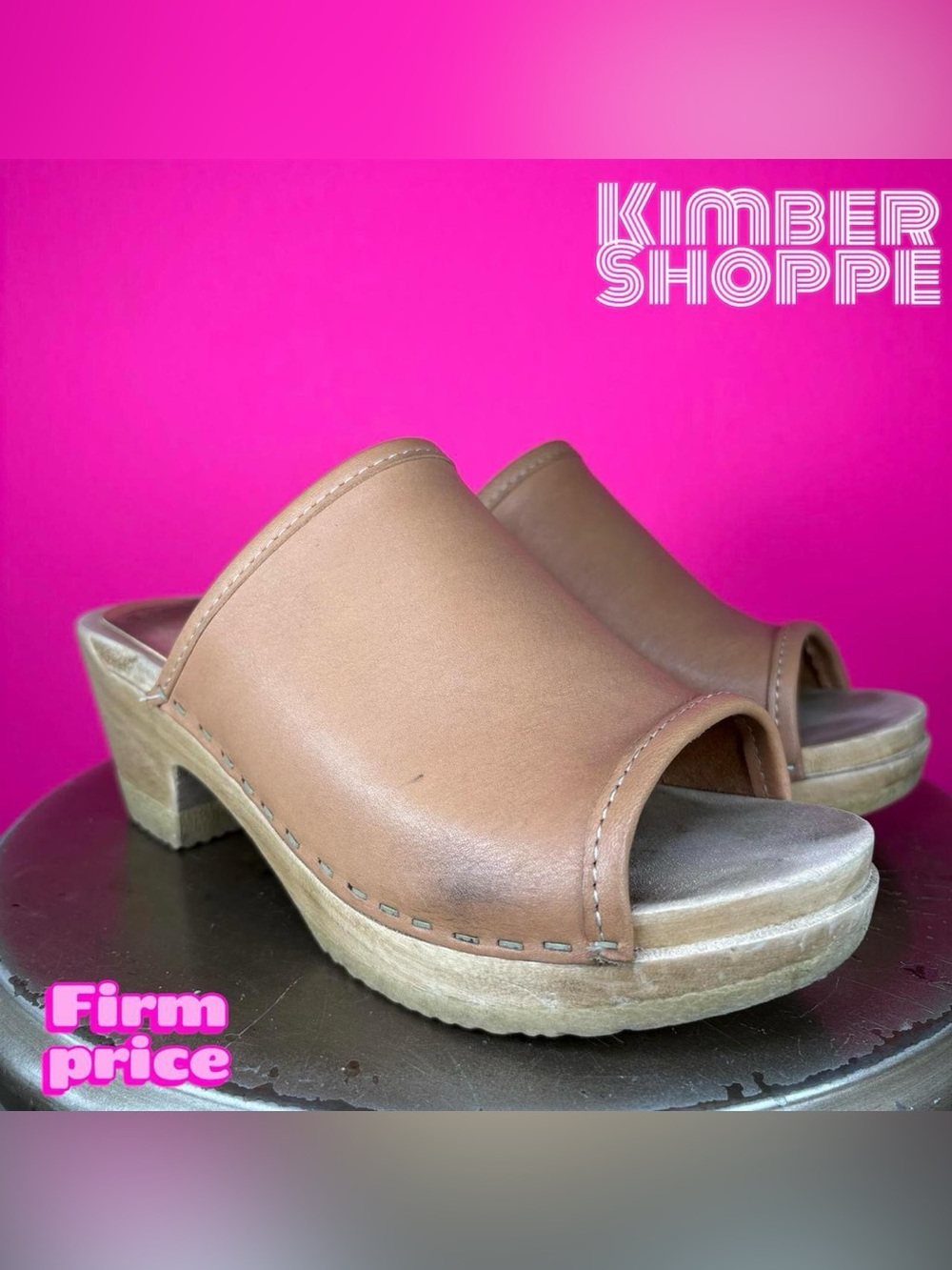 No. 6 Daria Tan Leather Open Toe Wooden Clog Slip-on Sandal EU 37 US 6